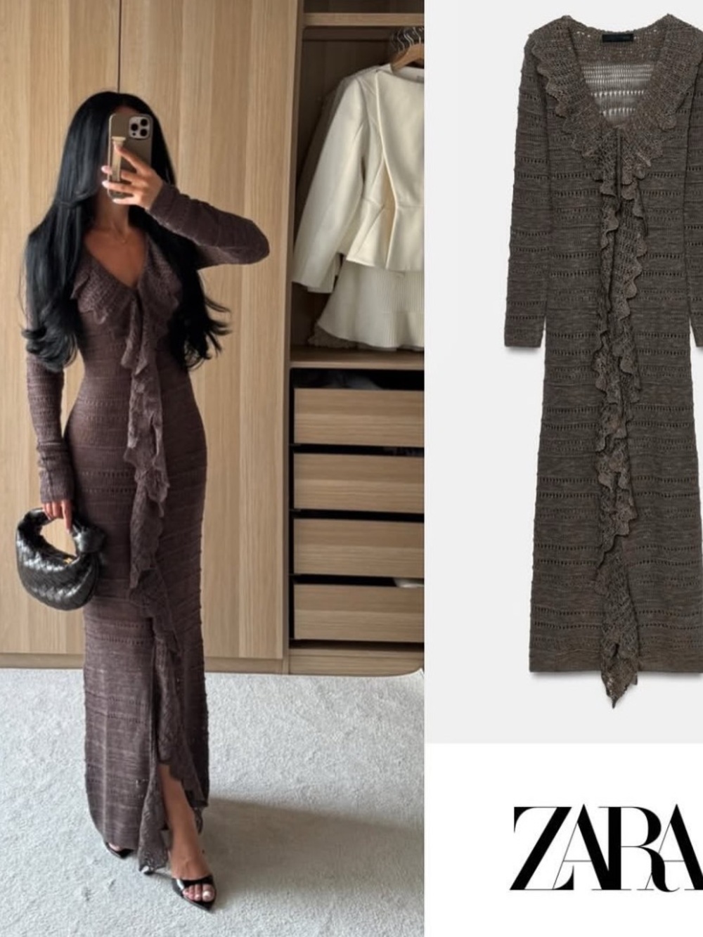 Zara Chocolate Brown Ruffle-Front Long-Sleeve Maxi Dress